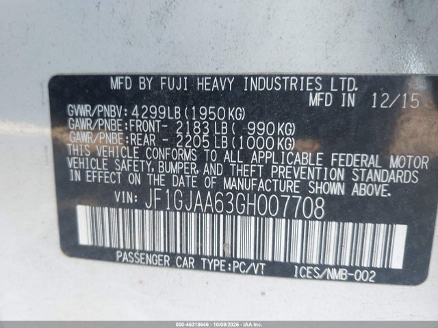 Продаж на аукціоні авто 2016 Subaru Impreza 2.0i, vin: JF1GJAA63GH007708, номер лоту: 46318646