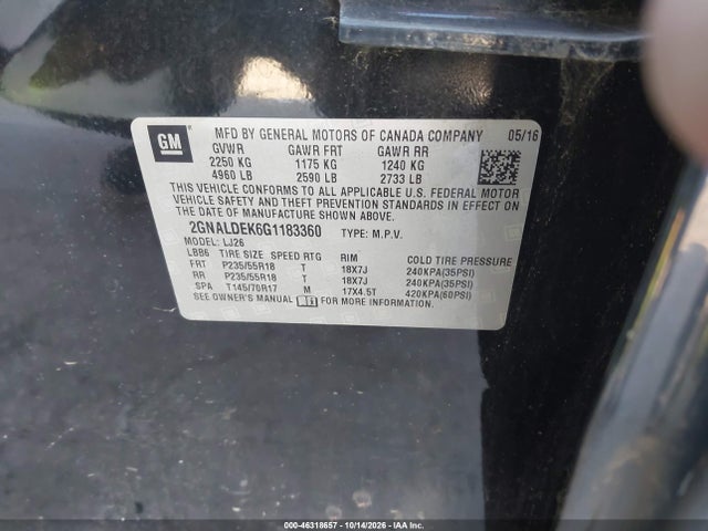 Aukcja sprzedaży 2016 Chevrolet Equinox Ltz, vin: 2GNALDEK6G1183360, numer aukcji: 46318657