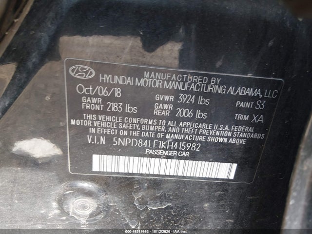 46318663 :رقم المزاد ، 5NPD84LF1KH415982 vin ، 2019 Hyundai Elantra Sel مزاد بيع