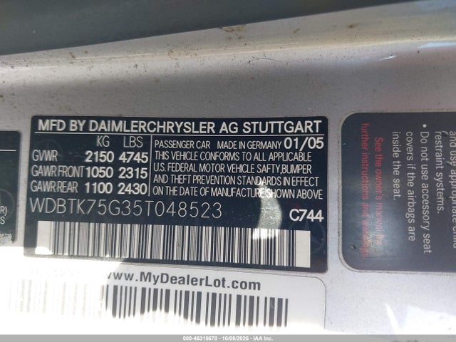 Продаж на аукціоні авто 2005 Mercedes-benz Clk 500, vin: WDBTK75G35T048523, номер лоту: 46318678