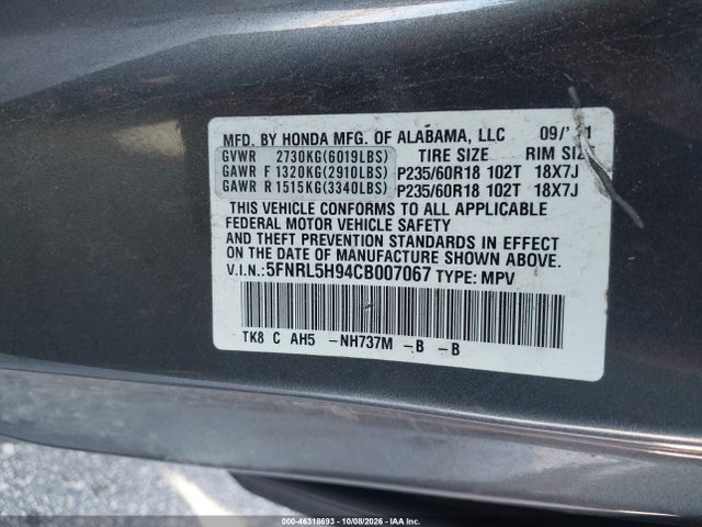 Продаж на аукціоні авто 2012 Honda Odyssey Touring/touring Elite, vin: 5FNRL5H94CB007067, номер лоту: 46318693