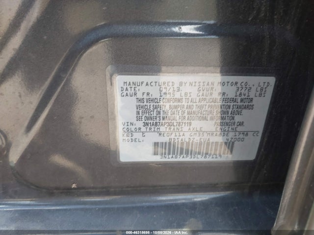 2013 Nissan Sentra Sv მანქანა იყიდება აუქციონზე, vin: 3N1AB7AP3DL787119, აუქციონის ნომერი: 46318698