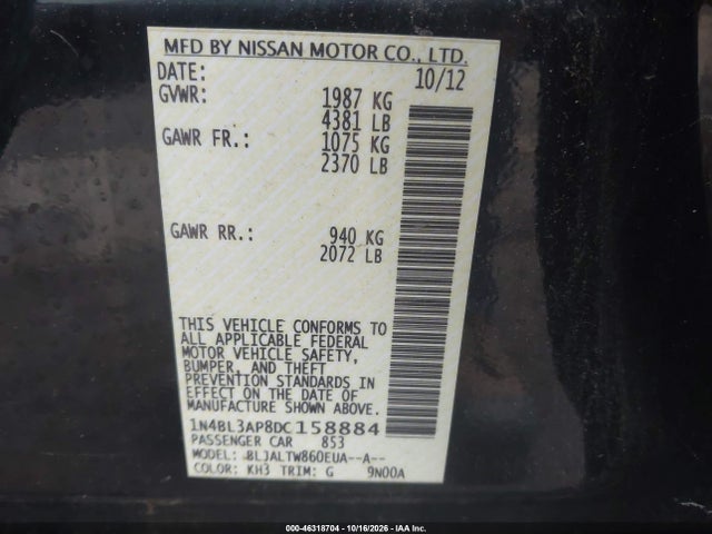 Продаж на аукціоні авто 2013 Nissan Altima 3.5 Sv, vin: 1N4BL3AP8DC158884, номер лоту: 46318704