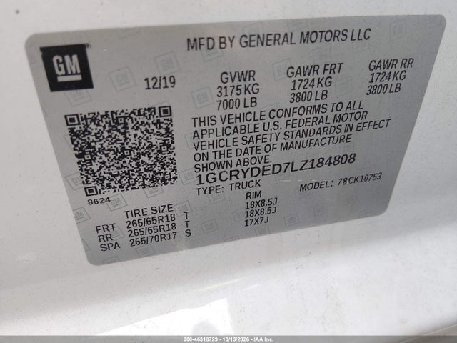 46318729 :رقم المزاد ، 1GCRYDED7LZ184808 vin ، 2020 Chevrolet Silverado 1500 4wd  Standard Bed Lt مزاد بيع