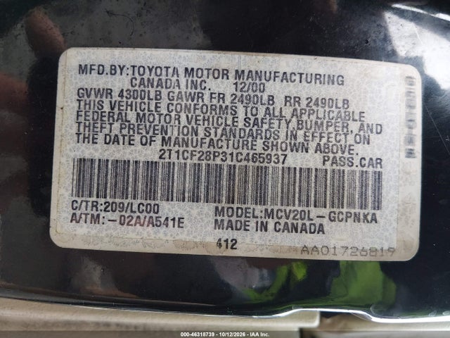 Продаж на аукціоні авто 2001 Toyota Camry Solara Sle V6, vin: 2T1CF28P31C465937, номер лоту: 46318739
