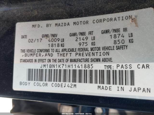 2017 Mazda Mazda3 Sport მანქანა იყიდება აუქციონზე, vin: JM1BN1K71H1141885, აუქციონის ნომერი: 46318766