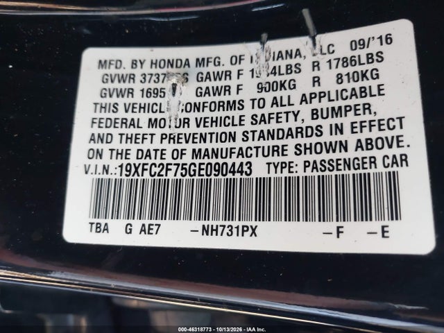 46318773 :رقم المزاد ، 19XFC2F75GE090443 vin ، 2016 Honda Civic Ex مزاد بيع