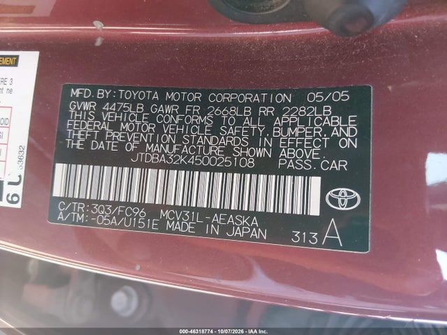 Продажа на аукционе авто 2005 Toyota Camry Se V6, vin: JTDBA32K450025108, номер лота: 46318774