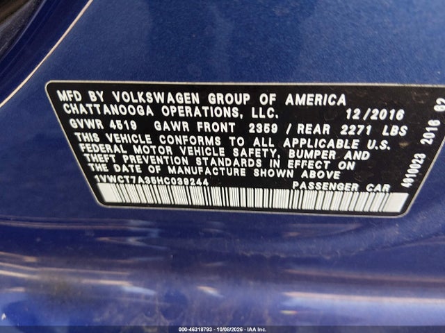 Продаж на аукціоні авто 2017 Volkswagen Passat 1.8t Sel Premium, vin: 1VWCT7A35HC039244, номер лоту: 46318793