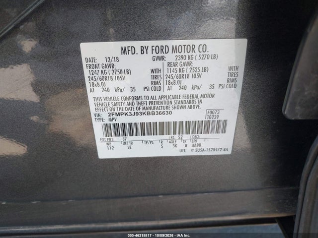 46318817 :رقم المزاد ، 2FMPK3J93KBB36630 vin ، 2019 Ford Edge Sel مزاد بيع