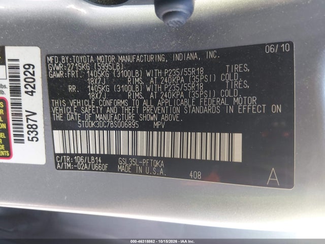 46318862 :رقم المزاد ، 5TDDK3DC7BS006895 vin ، 2011 Toyota Sienna Xle مزاد بيع