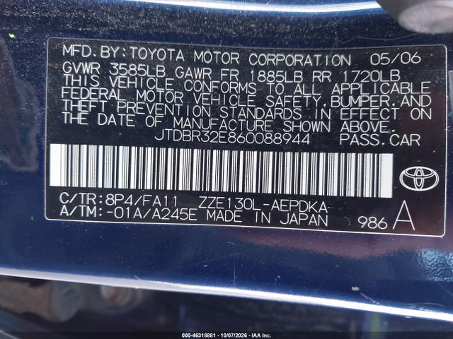 Продажа на аукционе авто 2006 Toyota Corolla Ce, vin: JTDBR32E860088944, номер лота: 46318881