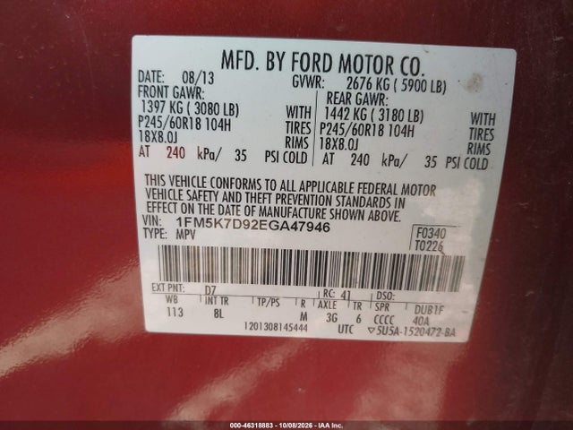 Продажа на аукционе авто 2014 Ford Explorer Xlt, vin: 1FM5K7D92EGA47946, номер лота: 46318883