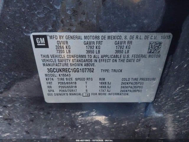 46318903 :رقم المزاد ، 3GCUKREC1GG107762 vin ، 2016 Chevrolet Silverado 1500 2lt مزاد بيع
