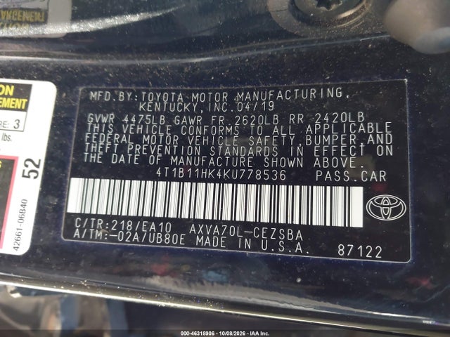 46318906 :رقم المزاد ، 4T1B11HK4KU778536 vin ، 2019 Toyota Camry Se مزاد بيع