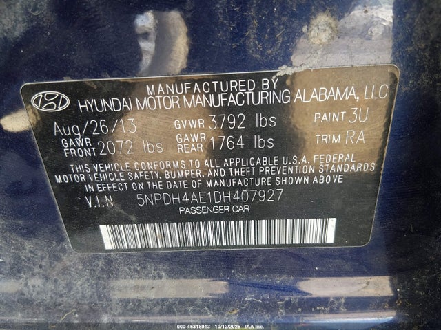 46318913 :رقم المزاد ، 5NPDH4AE1DH407927 vin ، 2013 Hyundai Elantra Gls مزاد بيع