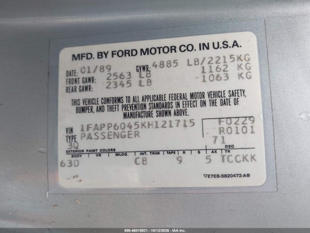 Aukcja sprzedaży 1989 Ford Thunderbird, vin: 1FAPP6045KH121715, numer aukcji: 46318921