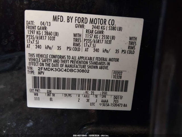 46318945 :رقم المزاد ، 2FMDK3GC4DBC30802 vin ، 2013 Ford Edge Se مزاد بيع
