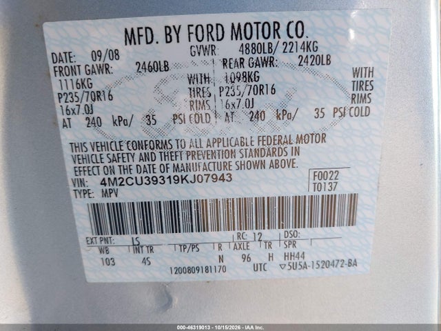 Продаж на аукціоні авто 2009 Mercury Mariner Hybrid, vin: 4M2CU39319KJ07943, номер лоту: 46319013