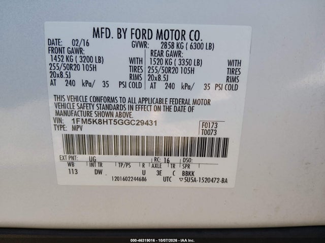 46319016 :رقم المزاد ، 1FM5K8HT5GGC29431 vin ، 2016 Ford Explorer Platinum مزاد بيع