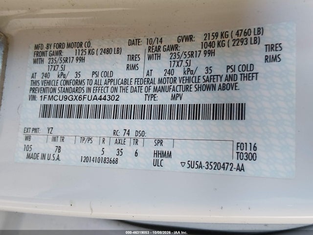Продажа на аукционе авто 2015 Ford Escape Se, vin: 1FMCU9GX6FUA44302, номер лота: 46319053