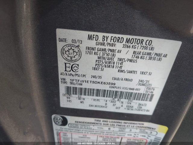 Продажа на аукционе авто 2013 Ford F-150 Xlt, vin: 1FTFW1ET5DKE63599, номер лота: 46319059