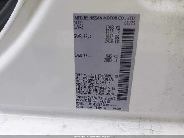 Продажа на аукционе авто 2025 Nissan Altima Sv Fwd, vin: 1N4BL4DV5SN362561, номер лота: 46319070