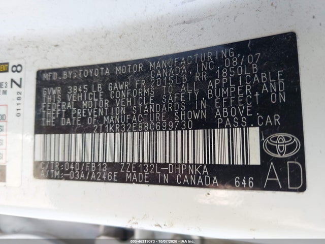 Продажа на аукционе авто 2008 Toyota Matrix Xr, vin: 2T1KR32E88C699730, номер лота: 46319073