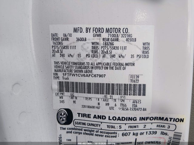 46319081 :رقم المزاد ، 1FTFW1CV6AFC67907 vin ، 2010 Ford F-150 Fx2 Sport/harley-davidson/king Ranch/lariat/platinum/xl/xlt مزاد بيع
