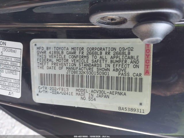 46319088 :رقم المزاد ، JTDBE32K930150901 vin ، 2003 Toyota Camry Le مزاد بيع