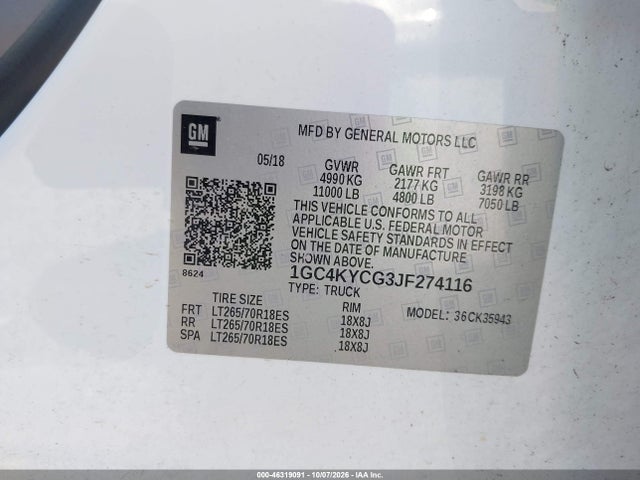 46319091 :رقم المزاد ، 1GC4KYCG3JF274116 vin ، 2018 Chevrolet Silverado 3500hd Wt مزاد بيع