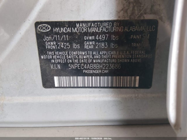 2011 Hyundai Sonata Se 2.0t მანქანა იყიდება აუქციონზე, vin: 5NPEC4AB8BH223686, აუქციონის ნომერი: 46319119