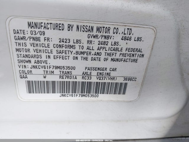 46319125 :رقم المزاد ، JNKCV61F79M053500 vin ، 2009 Infiniti G37x مزاد بيع