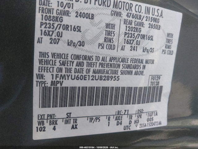 46319164 :رقم المزاد ، 1FMYU60E12UB28955 vin ، 2002 Ford Explorer Sport مزاد بيع