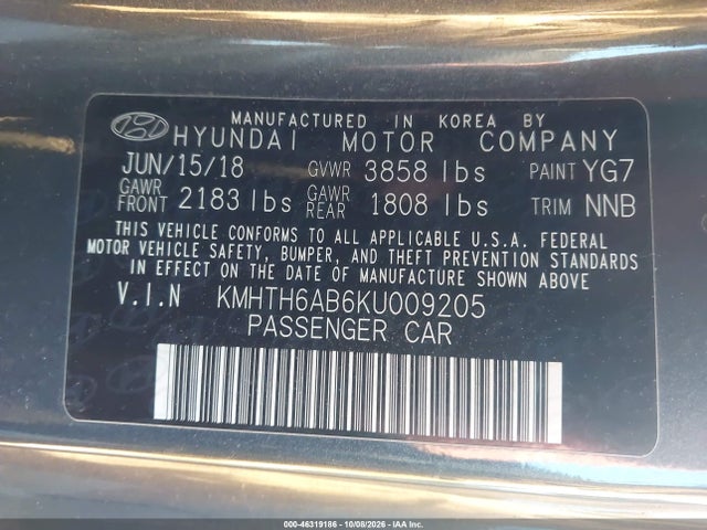 46319186 :رقم المزاد ، KMHTH6AB6KU009205 vin ، 2019 Hyundai Veloster Turbo مزاد بيع