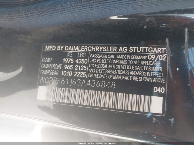 Aukcja sprzedaży 2003 Mercedes-benz C 240, vin: WDBRF61J63A436848, numer aukcji: 46319200