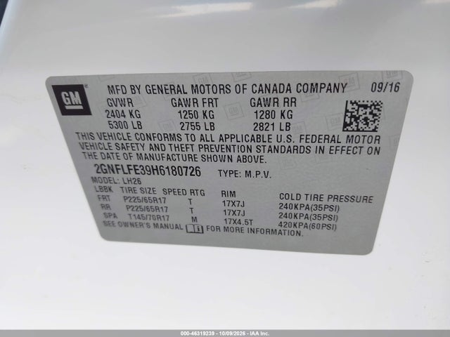 Aukcja sprzedaży 2017 Chevrolet Equinox Lt, vin: 2GNFLFE39H6180726, numer aukcji: 46319239