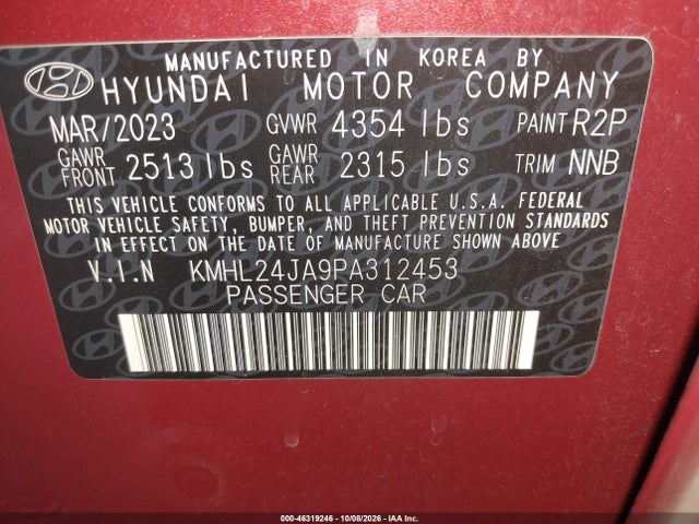 Aukcja sprzedaży 2023 Hyundai Sonata Se, vin: KMHL24JA9PA312453, numer aukcji: 46319246