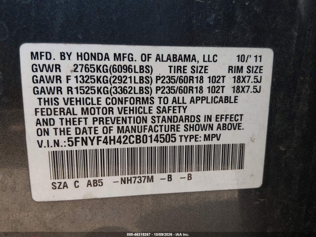 Продажа на аукционе авто 2012 Honda Pilot Ex, vin: 5FNYF4H42CB014505, номер лота: 46319267