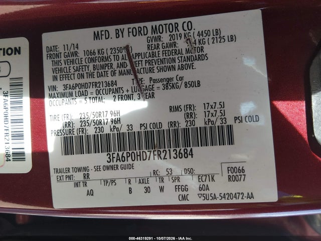 46319291 :رقم المزاد ، 3FA6P0HD7FR213684 vin ، 2015 Ford Fusion Se مزاد بيع