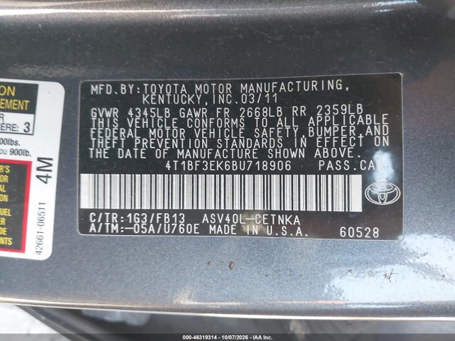 46319314 :رقم المزاد ، 4T1BF3EK6BU718906 vin ، 2011 Toyota Camry Le مزاد بيع