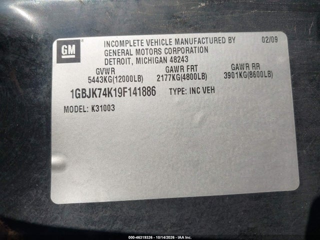 Aukcja sprzedaży 2009 Chevrolet Silverado 3500hd Chassis Work Truck, vin: 1GBJK74K19F141886, numer aukcji: 46319326