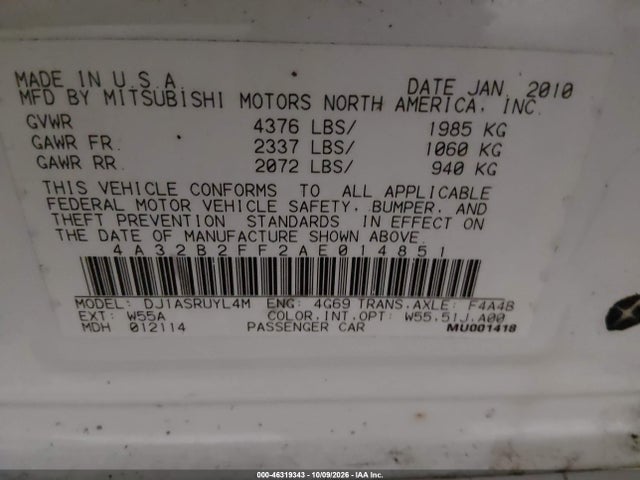 46319343 :رقم المزاد ، 4A32B2FF2AE014851 vin ، 2010 Mitsubishi Galant Fe مزاد بيع