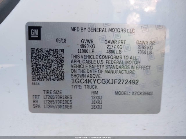 46319361 :رقم المزاد ، 1GC4KYCGXJF272492 vin ، 2018 Chevrolet Silverado 3500hd Wt مزاد بيع