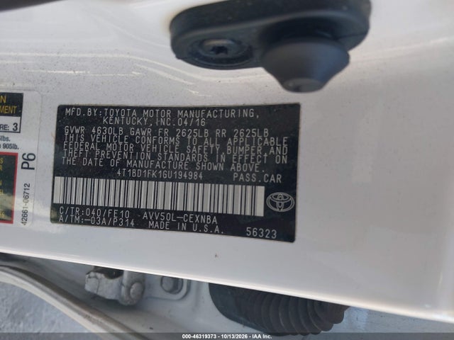 46319373 :رقم المزاد ، 4T1BD1FK1GU194984 vin ، 2016 Toyota Camry Hybrid Le مزاد بيع