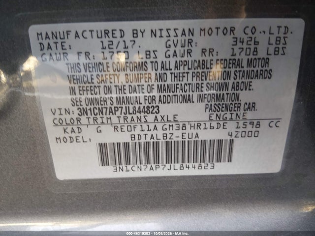 3N1CN7AP7JL844823 Nissan Versa 1.6 Sv