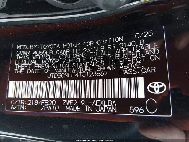 46319397 :رقم المزاد ، JTDBCMFE4T3123667 vin ، 2026 Toyota Corolla Hybrid Hybrid Le مزاد بيع