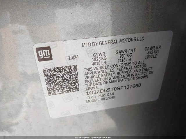 46319450 :رقم المزاد ، 1G1ZD5ST0SF137660 vin ، 2025 Chevrolet Malibu Fwd 1lt مزاد بيع