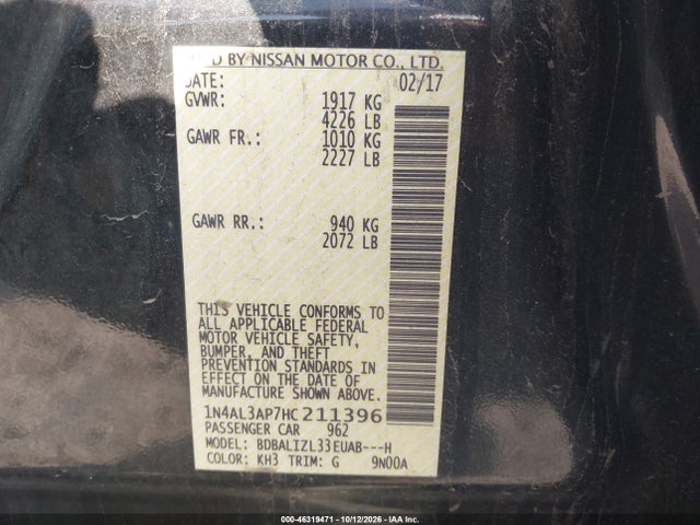 Продаж на аукціоні авто 2017 Nissan Altima 2.5 Sv, vin: 1N4AL3AP7HC211396, номер лоту: 46319471