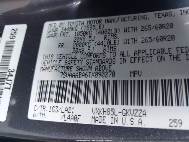 46319511 :رقم المزاد ، 7SVAAABA6TX090270 vin ، 2026 Toyota Sequoia Platinum مزاد بيع
